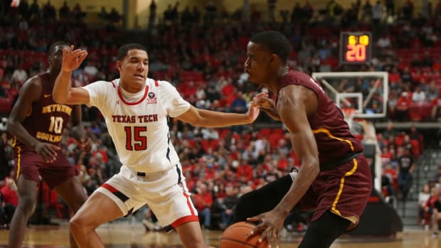 Nov 9, 2019; Lubbock, TX, USA; Bethune-Cookman Wildcats guard Jordan Preaster (4) drives the ball against Texas Tech Red Raiders guard Kevin McCullar (15) in the second half at United Supermarkets Arena. Mandatory Credit: Michael C. Johnson-USA TODAY Sports